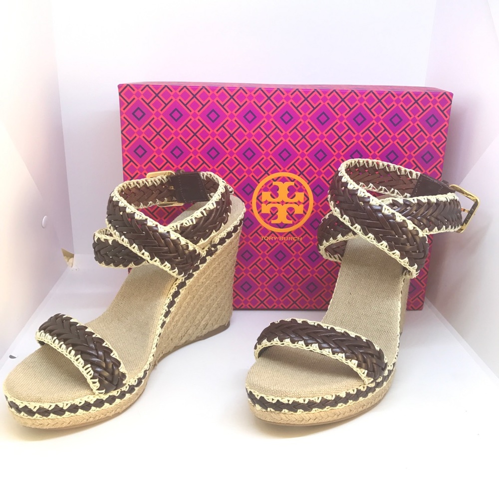 NIB Tory Burch brown leather espadrilles wedges